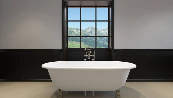 Banheira independente na moderna casa de banho. Renderização 3D — Fotografia de Stock