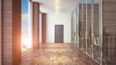 Açık alan, gün batımı ofisinde. 3D render