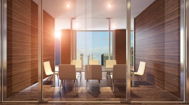 Açık alan, gün batımı ofisinde. 3D render