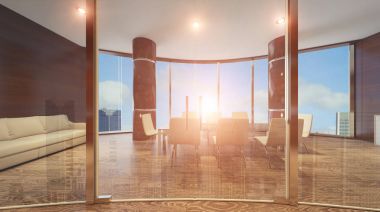 Cam bölme içinde modern bir ofis. güneşli gün