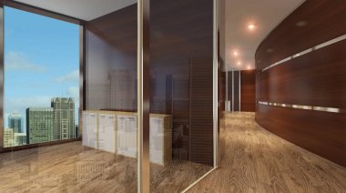 Boş ofis ile ahşap ve cam duvarlar.