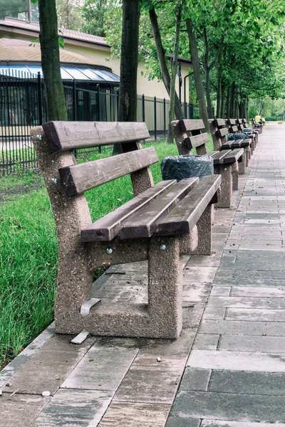 Rainy Park. Empty benches