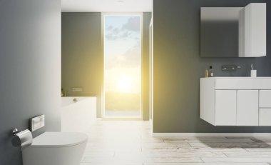 Banyo içi gri tonlarda. Beyaz mobilyalar. Büyük pencere. Yakın plan. 3 Boyutlu Sunset Hazırlama