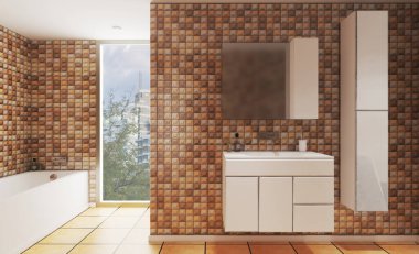 3 boyutlu görüntüleme. Duvarlarda bej mozaik var. Beyaz banyo mobilyası. Boşluk aç.