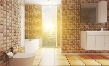 3 boyutlu görüntüleme. Duvarlarda kahverengi mozaik var. Büyük banyo. Metropolün arka planında panoramik pencere var. Cam kapılı duş. Lavabolu mobilyalar, günbatımı..