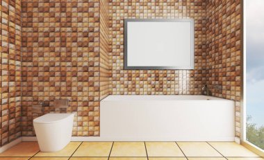 3 boyutlu görüntüleme. Duvarlarda kahverengi mozaik var. Büyük banyo. Metropolün arka planında panoramik pencere var. Cam kapılı duş. Tuvalet mobilyaları, lavabo ve maket. Boş resimler