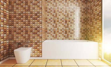 3 boyutlu görüntüleme. Duvarlarda kahverengi mozaik var. Büyük banyo. Metropolün arka planında panoramik pencere var. Cam kapılı duş. Lavabolu mobilyalar, günbatımı..