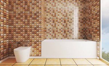 3 boyutlu görüntüleme. Duvarlarda kahverengi mozaik var. Büyük banyo. Metropolün arka planında panoramik pencere var. Cam kapılı duş. Tuvaletli mobilyalar..