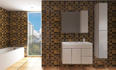 3 boyutlu görüntüleme. Duvarlarında altın fayanslar olan büyük bir banyo. Metropolis manzaralı panoramik pencere. Cam kapılı duş..