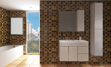 3 boyutlu görüntüleme. Duvarlarında altın fayanslar olan büyük bir banyo. Metropolis manzaralı panoramik pencere. Cam kapılı duş... model. Boş resimler