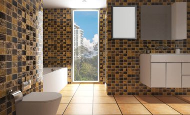 3 boyutlu görüntüleme. Duvarlarında altın fayanslar olan büyük bir banyo. Metropolis manzaralı panoramik pencere. Cam kapılı duş... model. Boş resimler