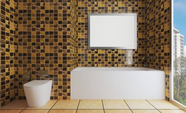 3 boyutlu görüntüleme. Duvarlarında altın fayanslar olan büyük bir banyo. Metropolis manzaralı panoramik pencere. Cam kapılı duş..