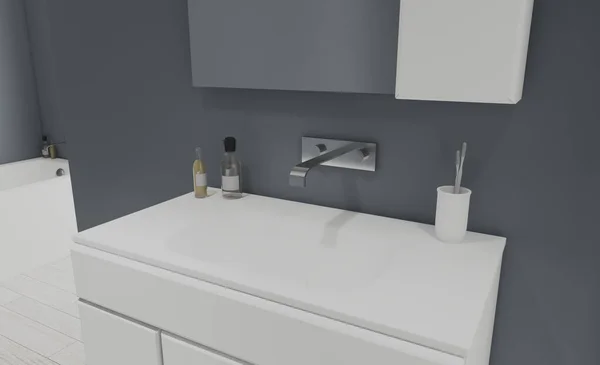 浴室内部的灰色调 白色家具 大窗户特写 3D渲染 — 图库照片