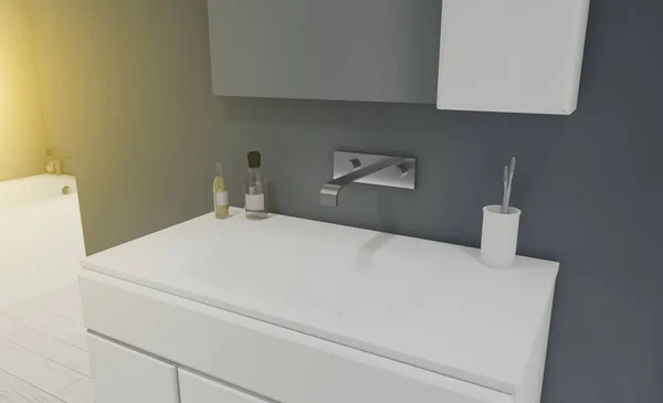浴室内部的灰色调 白色家具 大窗户特写 3D渲染日落 — 图库照片