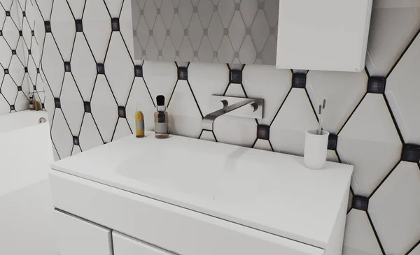 Bathroom White Patterned Tiles Walls Black White Rhombuses Panoramic Window — Stock Photo, Image
