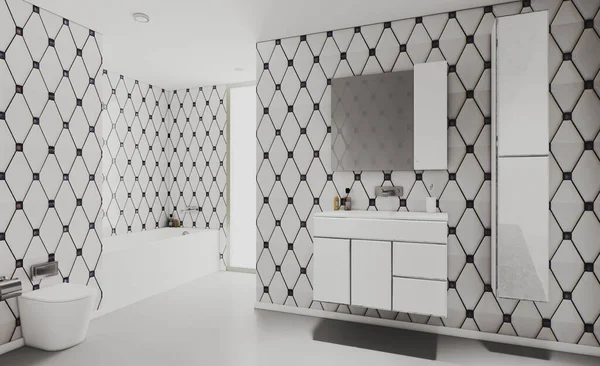 Bathroom White Patterned Tiles Walls Black White Rhombuses Panoramic Window — Stock Photo, Image