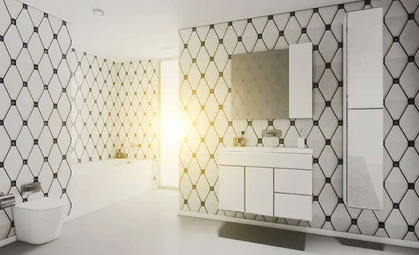 Bathroom White Patterned Tiles Walls Black White Rhombuses Panoramic Window — Stock Photo, Image