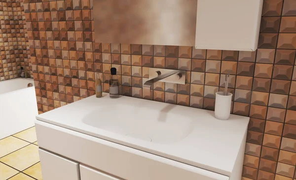 Rendu Mosaïque Beige Sur Les Murs Meubles Salle Bain Blancs — Photo