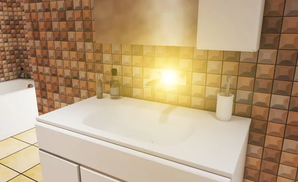 Rendering Beige Mosaic Walls White Bathroom Furniture Open Space Sunset — Stock Photo, Image