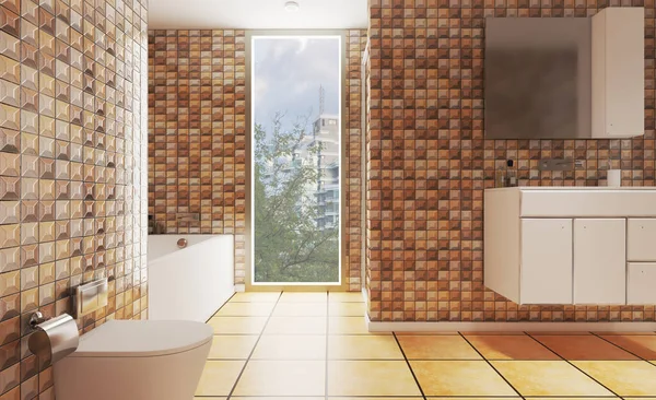 Rendering Mosaico Marrone Sulle Pareti Ampio Bagno Finestra Panoramica Sullo — Foto Stock