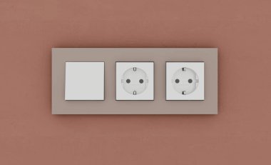 Koyu plastik çift prizli. Elektrik düğmesi ve priz kontrol paneli duvar kağıdıyla, yakın plan. Elektrikli Avrupa ekipmanları. 3B görüntüleme