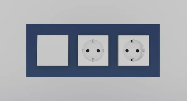 暗塑料开关双插座 电灯开关和电源插座控制面板与壁纸 欧洲的电气设备 3D渲染 — 图库照片