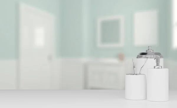Banyo Diş Fırçası Kavanozlar Beyaz Bir Masada Sıvı Sabun Için — Stok fotoğraf