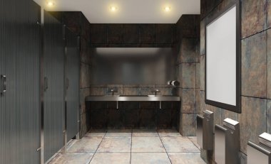 Umumi tuvalet koyu renklerde ve paslı fayanslı duvarlar... 3 boyutlu renkler. Modelleme. Boş resimler