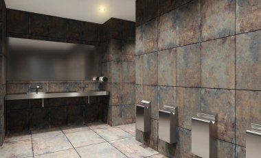 Koyu renklerde umumi tuvalet ve paslı fayanslı duvarlar... 3D görüntüleme