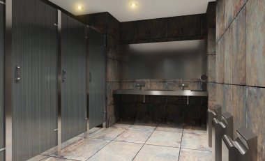 Koyu renklerde umumi tuvalet ve paslı fayanslı duvarlar... 3D görüntüleme