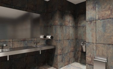 Umumi tuvaletteki paslanmaz çelik lavabo. 3B görüntüleme