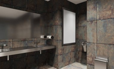 Umumi tuvaletteki paslanmaz çelik lavabo. 3B görüntüleme