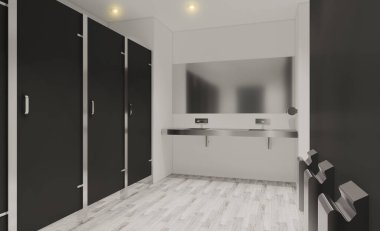Umumi tuvalette büyük bir lavabo. Siyah duvarlar. Hafif arkaplan. 3B görüntüleme