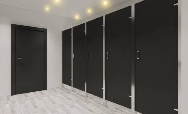 Umumi tuvalette büyük bir lavabo. Siyah duvarlar. Hafif arkaplan. 3B görüntüleme