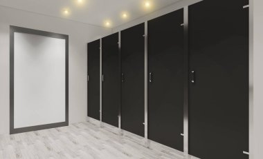 Umumi tuvalette büyük bir lavabo. Siyah duvarlar. Hafif arkaplan. 3 boyutlu görüntüleme. Modelleme. Boş resimler