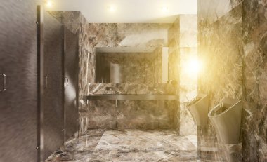 Büyük bir iş merkezinde umumi tuvalet. Paslanmaz çelik pisuarlar. 3 boyutlu görüntüleme. Gün batımı