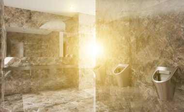 Büyük bir iş merkezinde umumi tuvalet. Paslanmaz çelik pisuarlar. 3 boyutlu görüntüleme. Gün batımı