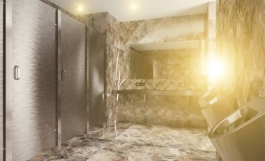 Büyük bir iş merkezinde umumi tuvalet. Paslanmaz çelik pisuarlar. 3 boyutlu görüntüleme. Gün batımı