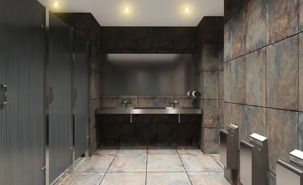 深色的公共厕所和生锈的瓷墙 3D渲染 — 图库照片