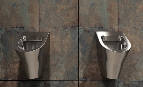Urinoirs Acier Inoxydable Dans Les Toilettes Publiques Murs Tuiles Rouillées — Photo