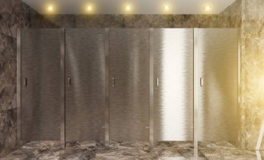 Umumi tuvalette paslanmaz çelik kapılar. 3 boyutlu görüntüleme. Gün batımı