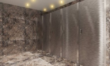 Mermer duvarları ve zemini olan umumi tuvalet. Paslanmaz çelik lavabo ve pisuarlar. 3B görüntüleme