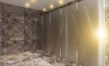 Mermer duvarları ve zemini olan umumi tuvalet. Paslanmaz çelik lavabo ve pisuarlar. 3 boyutlu görüntüleme. Gün batımı