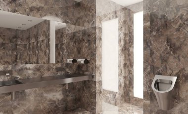 Mermer duvarları ve zemini olan umumi tuvalet. Paslanmaz çelik lavabo ve pisuarlar. 3B görüntüleme