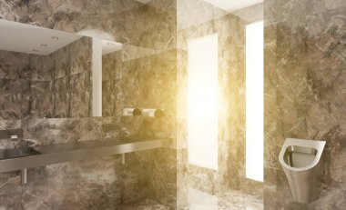 Mermer duvarları ve zemini olan umumi tuvalet. Paslanmaz çelik lavabo ve pisuarlar. 3 boyutlu görüntüleme. Gün batımı