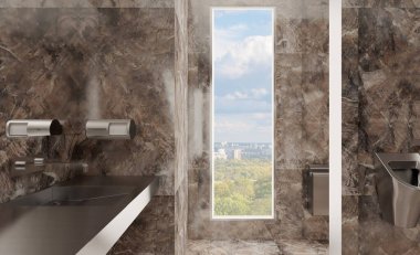 Mermer duvarları ve zemini olan umumi tuvalet. Paslanmaz çelik lavabo ve pisuarlar. 3B görüntüleme