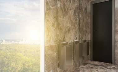 Umumi tuvalet. Pisuarlar ve metalden yapılmış lavabo. 3 boyutlu görüntüleme. Gün batımı