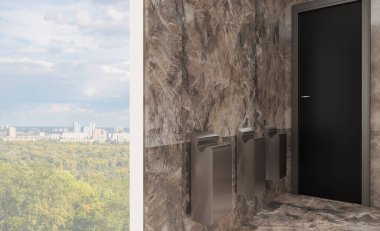 Umumi tuvalet. Pisuarlar ve metalden yapılmış lavabo. 3B görüntüleme