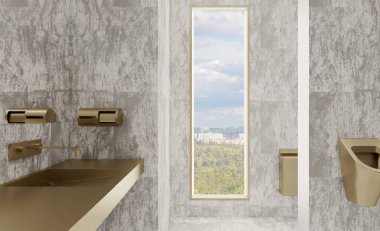 Umumi tuvalet. Pisuarlar ve metalden yapılmış lavabo. 3B görüntüleme