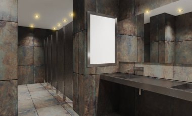 Umumi tuvaletteki paslanmaz çelik bir lavabo manzarası. Paslı seramik fayanslar... 3D işleme. Modelleme. Boş resimler